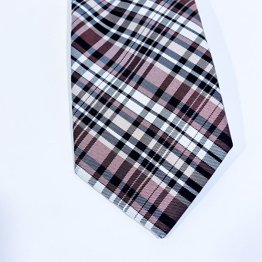 PERRY‎ ELLIS Brown Plaid Silk Tie | Classic Preppy Office Style *